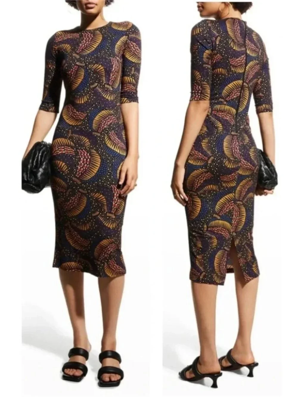 Farm Rio black wild bananas sheath midi dress
